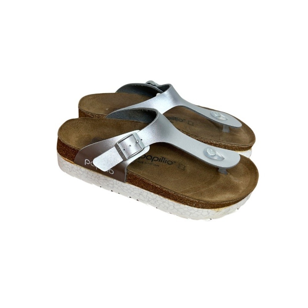 Papillio Birkenstock Gizeh Silver Metallic Platform Thong Sandals Womens 38